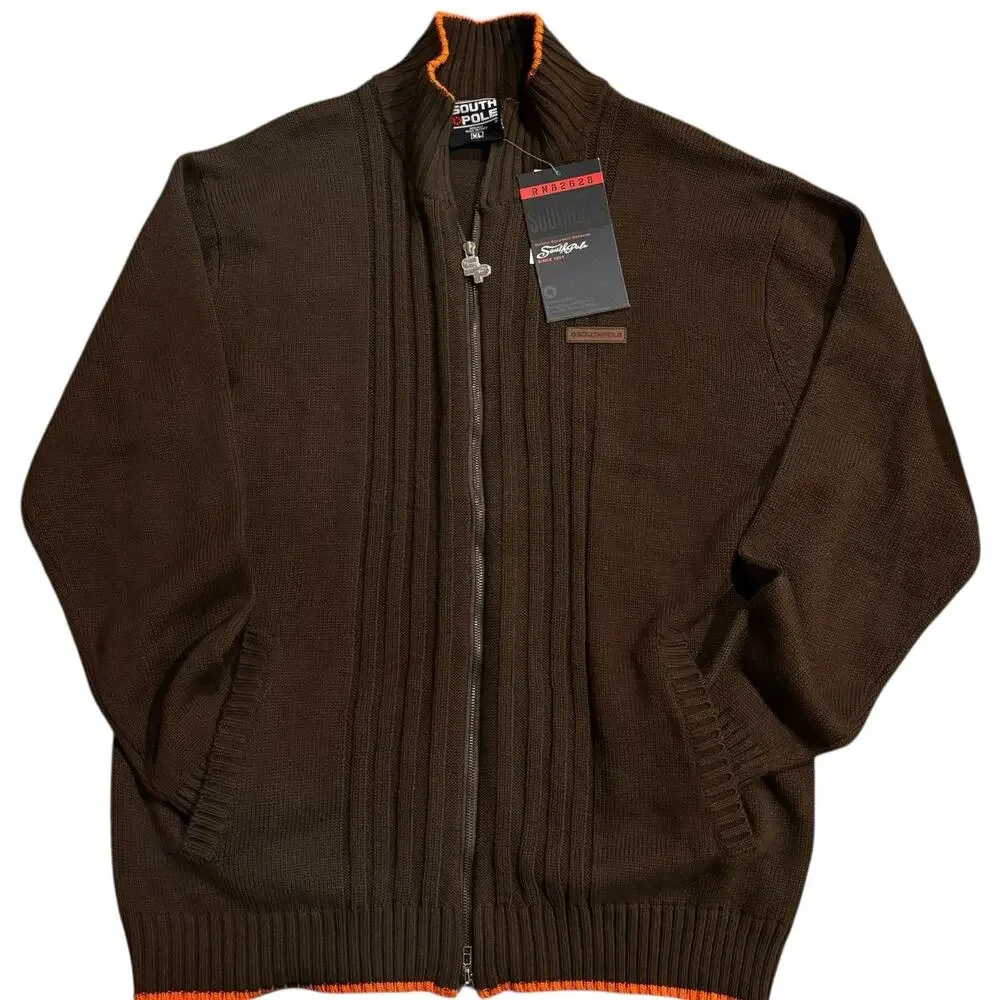 Y2K Southpole Ribbed Full Zip Mock Neck Sweater Cardigan Brown Orange Trim XL